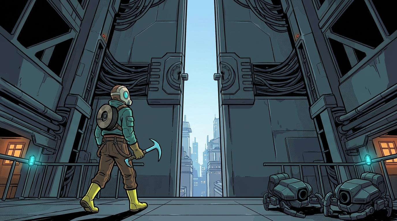 The upper gate opens onto cold dawn as the Shaft Runner steps forward.