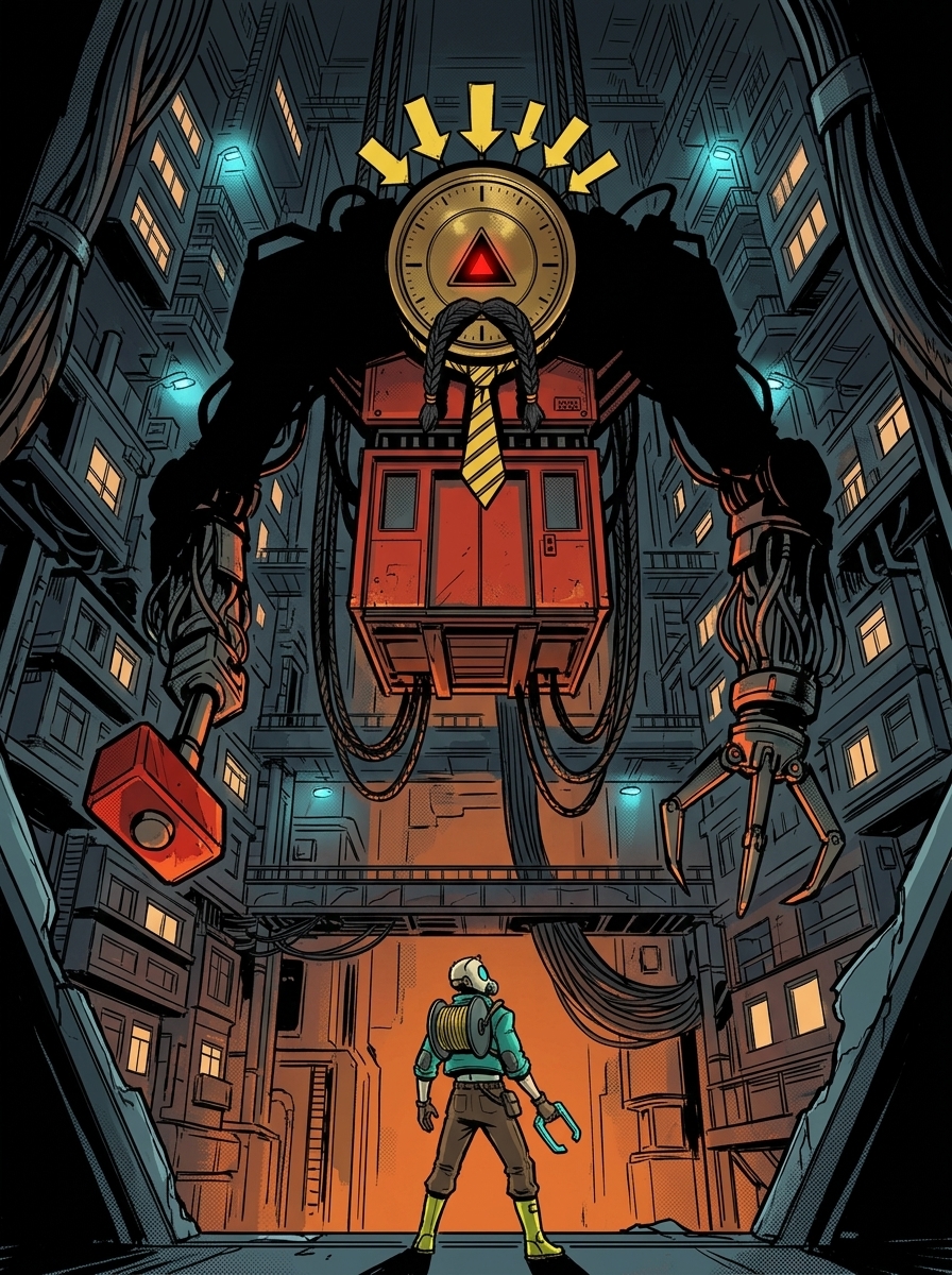 A colossal elevator-engine tyrant descends through shattered doors.