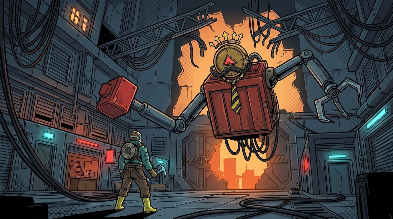 The tiny Shaft Runner faces the towering mechanical boss.