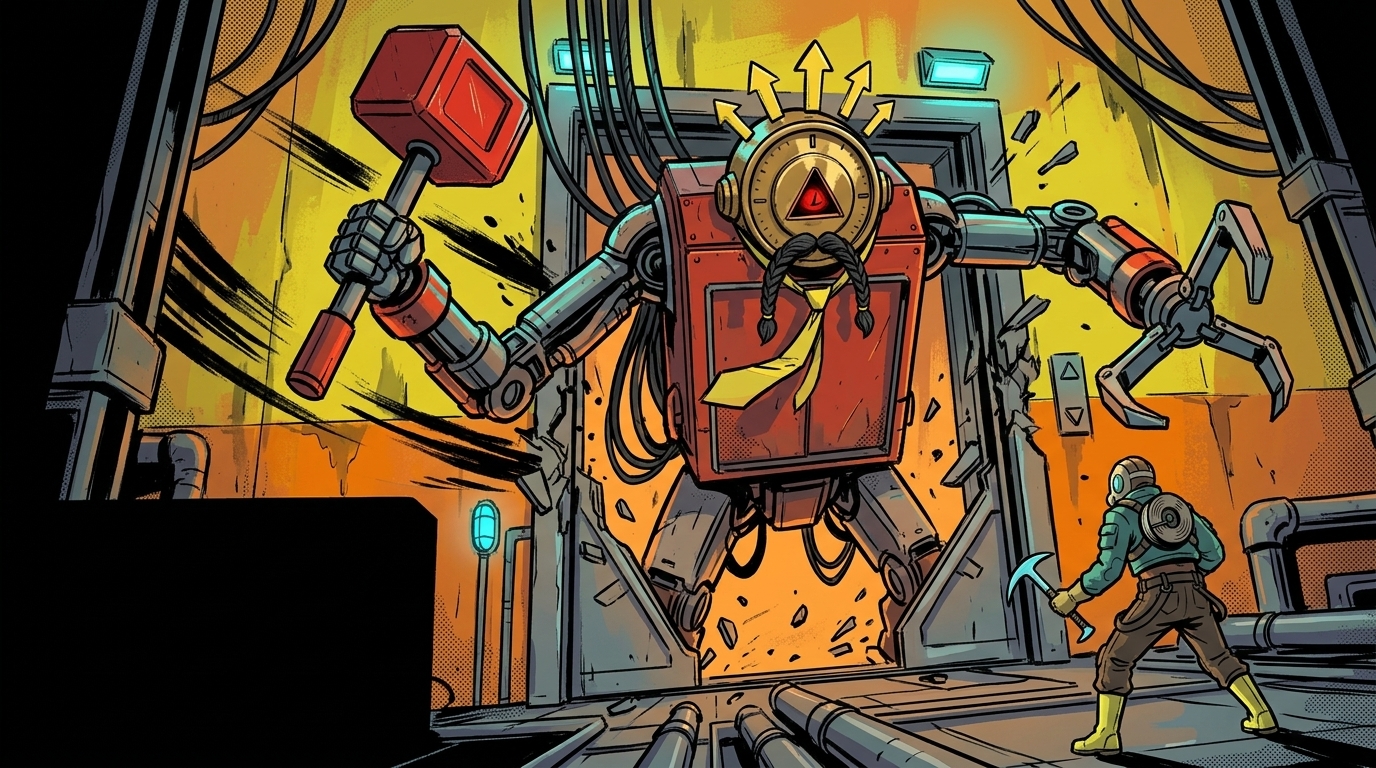 Lord Overlift towers over the Shaft Runner with an emergency hammer and elevator-door claw.