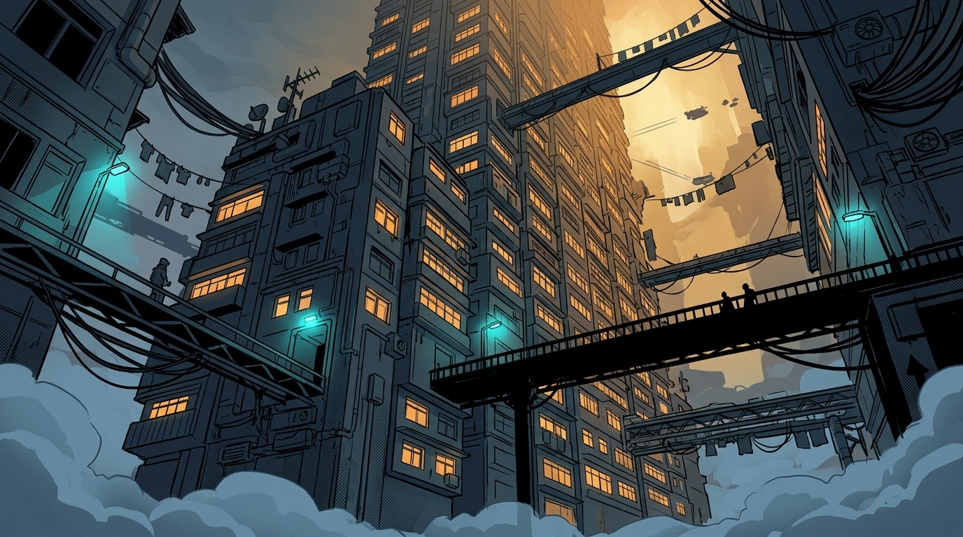 An immense inhabited apartment megatower rising through the clouds.