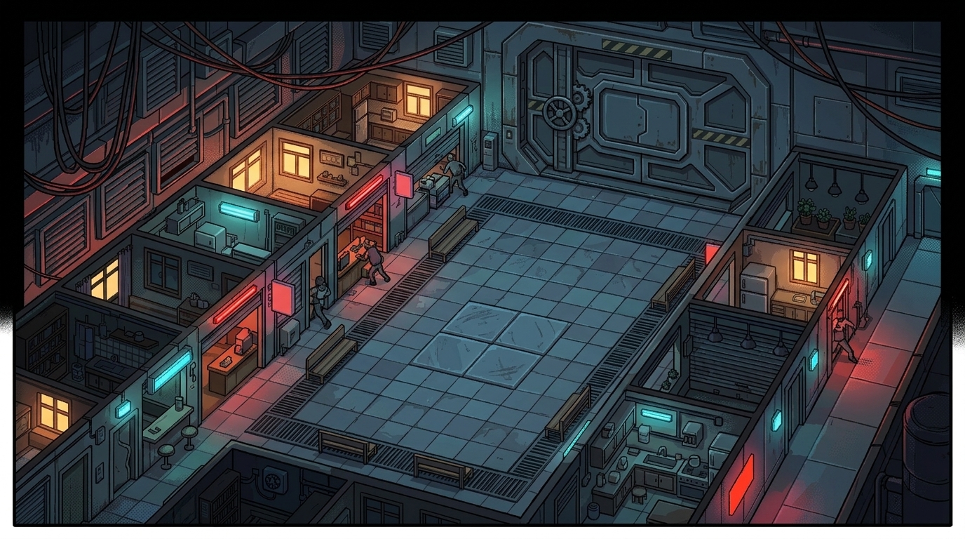 A communal atrium entering emergency lockdown.