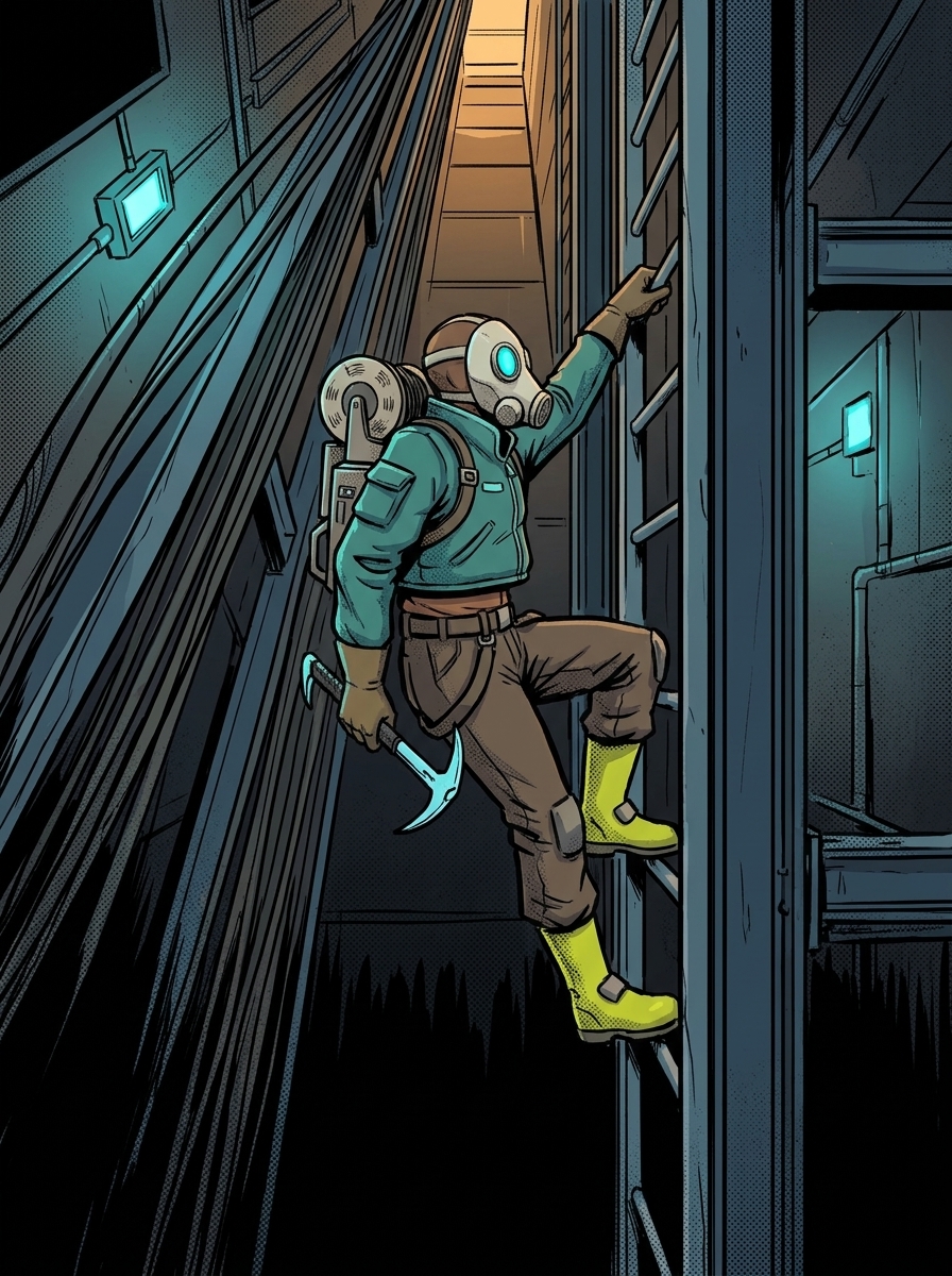 The Shaft Runner climbing through an elevator maintenance shaft.