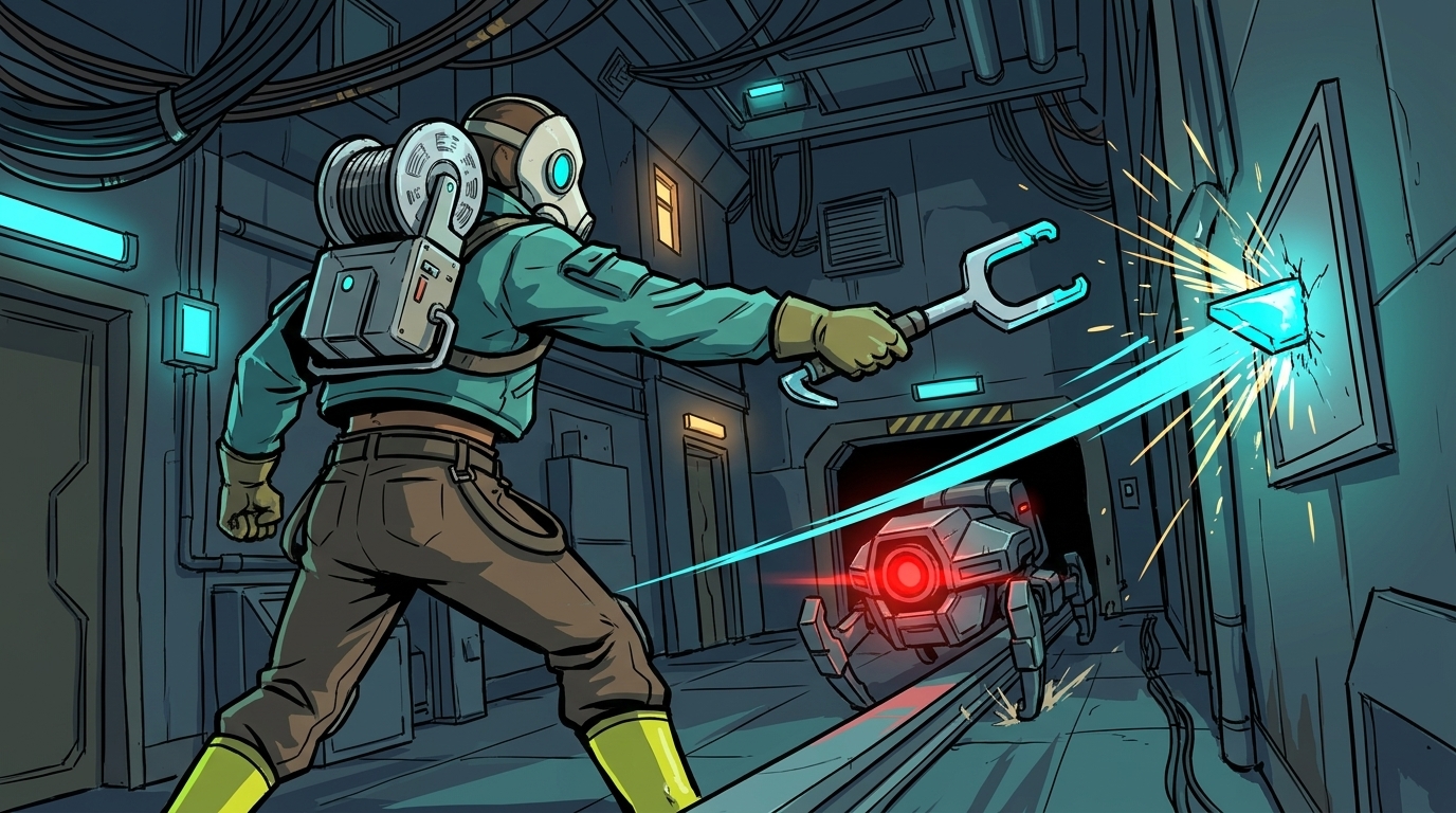 The Shaft Runner cutting open a utility panel while a drone attacks.