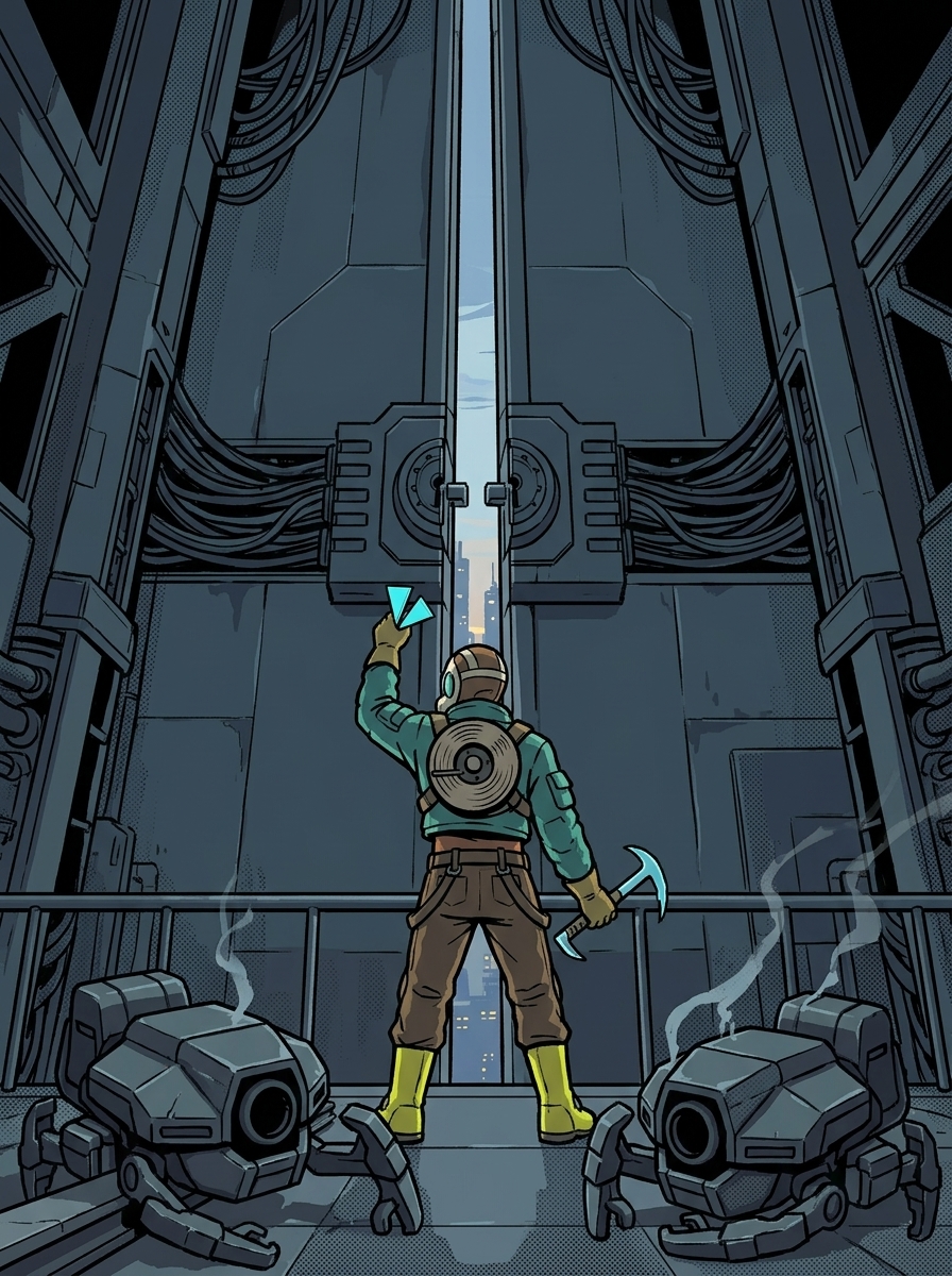 The Shaft Runner facing the sealed upper transit gate with two access shards.